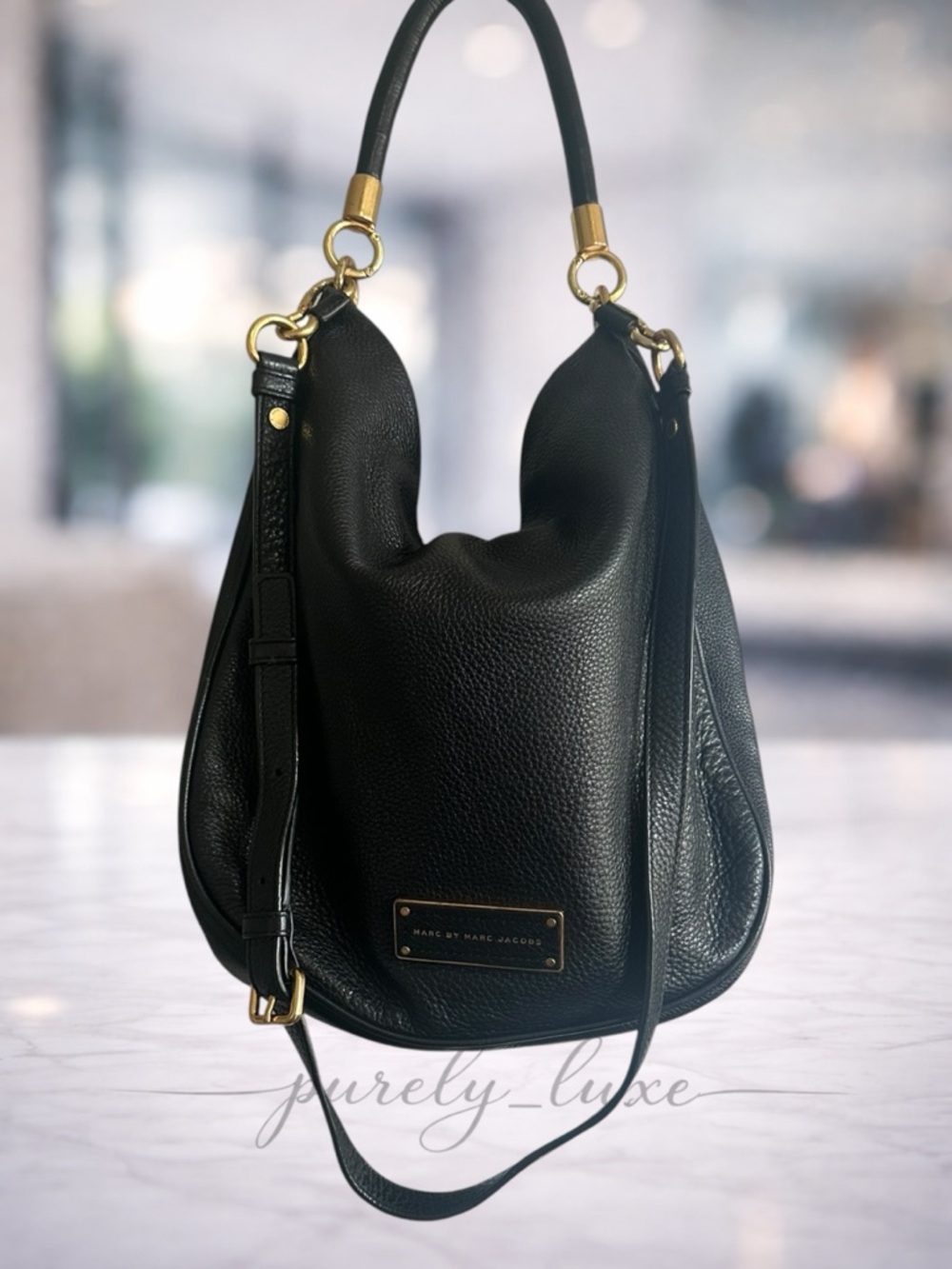 Marc by Marc Jacobs Black Pebbled Leather Hobo with Gold Hardware
